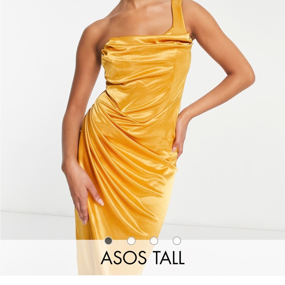 NEW WITH TAGS ASOS one shoulder satin drape midi dress in gold
